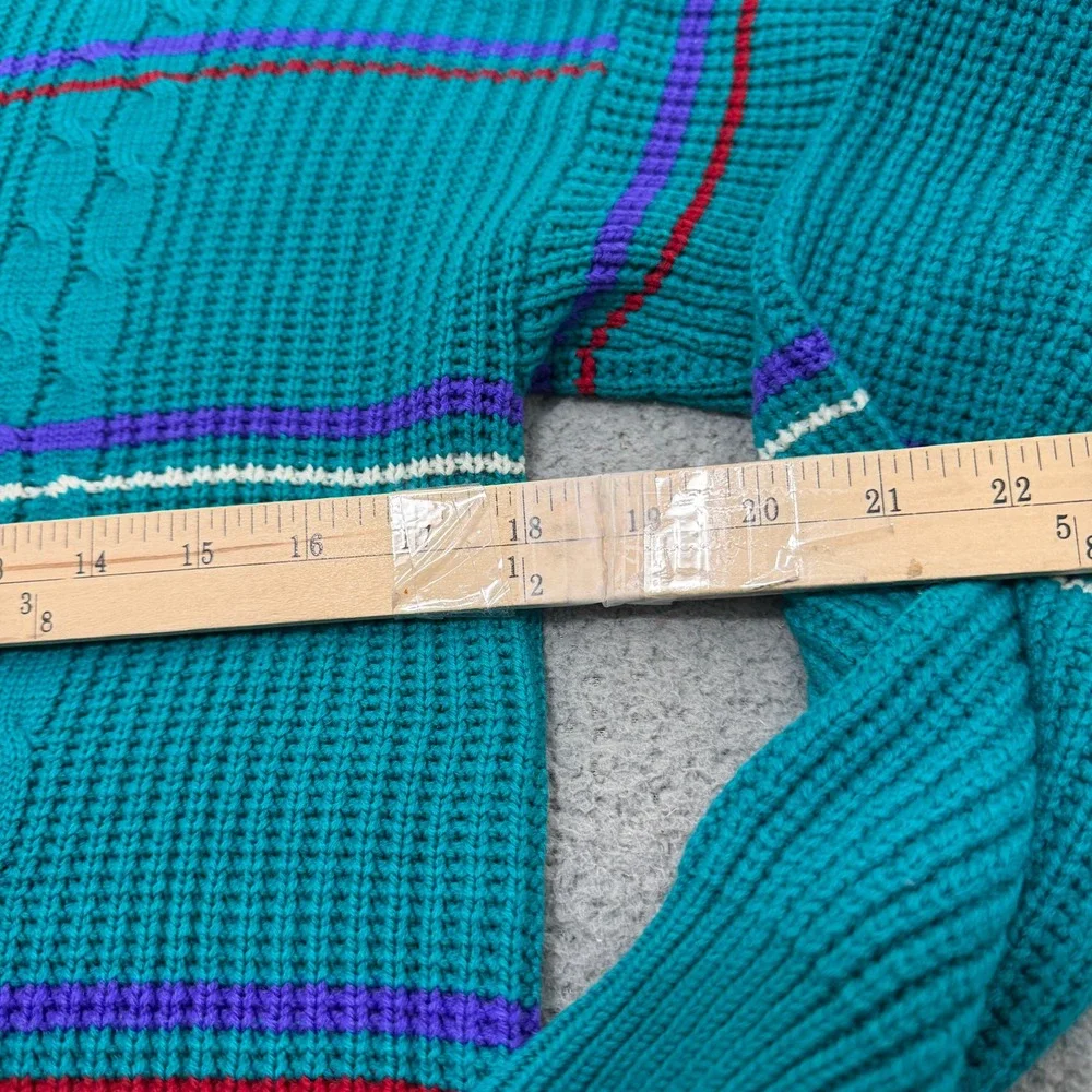 Vintage Melange 90s Teal Sweater Striped Cable Knit Crew Neck Womens Medium